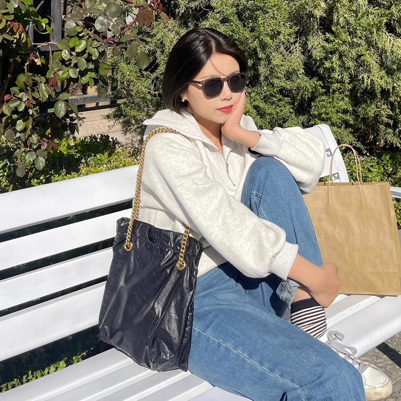 ins风慵懒随性手抓纹头层植鞣牛皮 链条单肩托特大包高质感垃圾袋