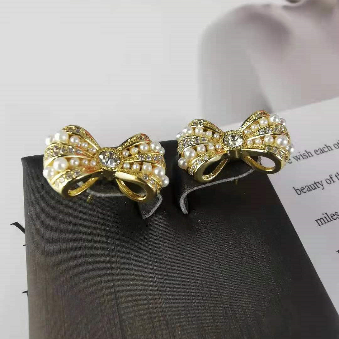 赛家新款满钻耳环精致小巧珍珠蝴蝶结耳钉甜美气质韩版INS耳饰