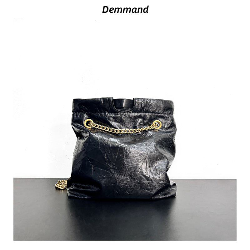 网红同款质感牛皮爆裂纹垃圾袋链条包暗黑潮酷百搭单肩斜挎包