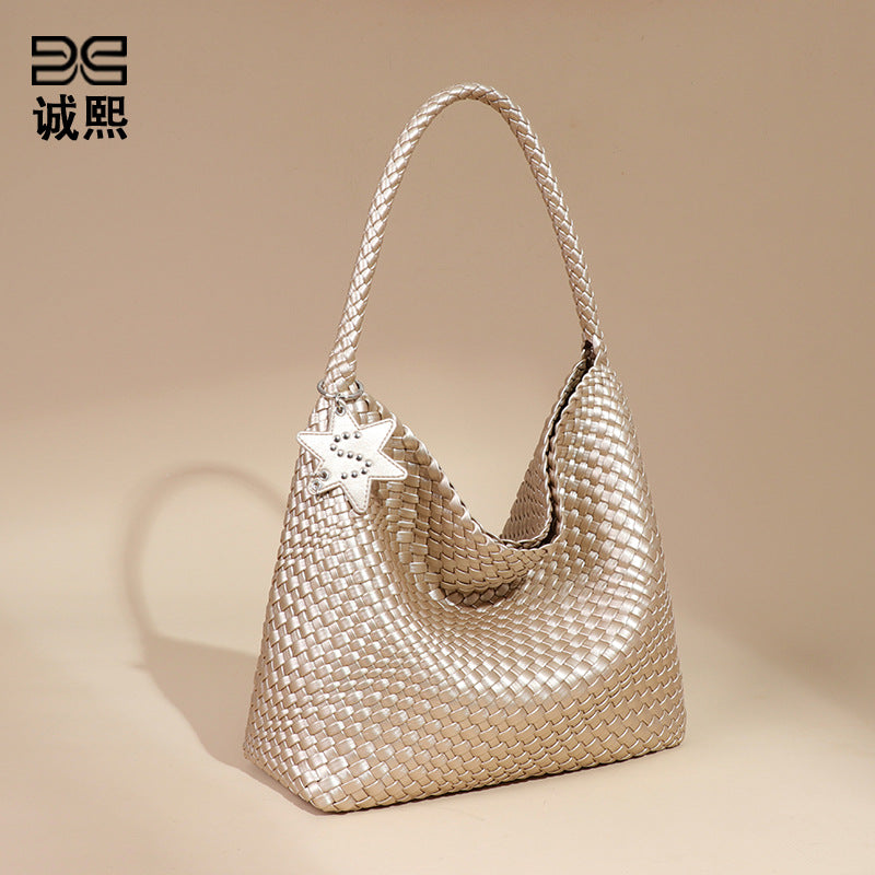 欧美新款手工编织女包大容量通勤手提单肩腋下包慵懒风休闲托特包