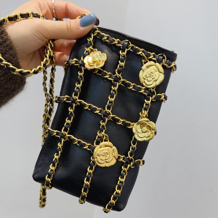 小香风山茶花真皮手机包女2024夏新款迷你菱格链条小包包斜挎包潮