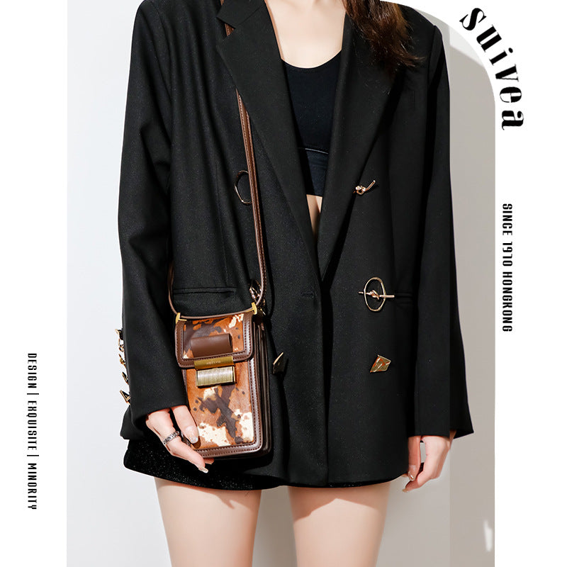 时尚百搭潮斜跨竖款方形迷你女包2023秋冬新款复古洋气马毛手机包