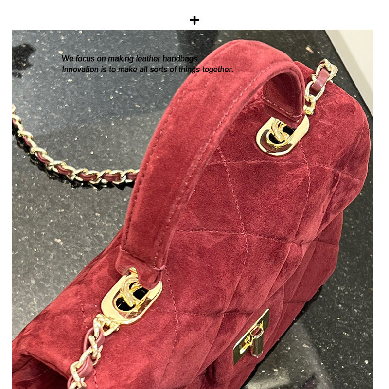 高级感磨砂麂皮菱格包包女新款大容量通勤单肩斜挎小方包红色小包