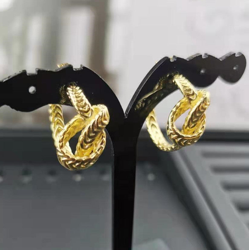 赛家新款耳钉麻花几何金色复古简约时尚耳饰麻花编织打结耳环女