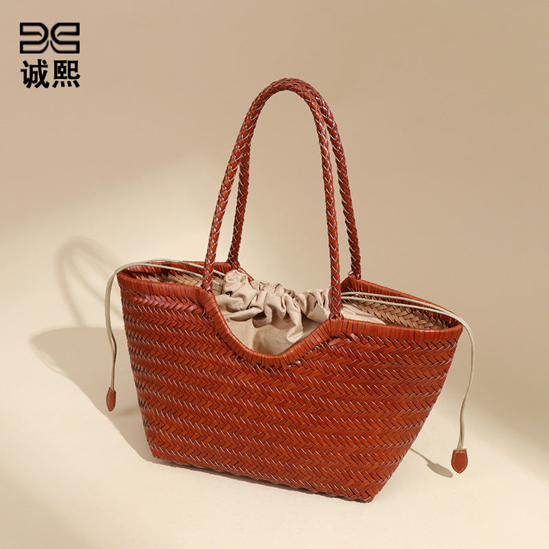 时尚不规格真皮编织菜篮子单肩腋下女包大容量通勤手提子母托特包