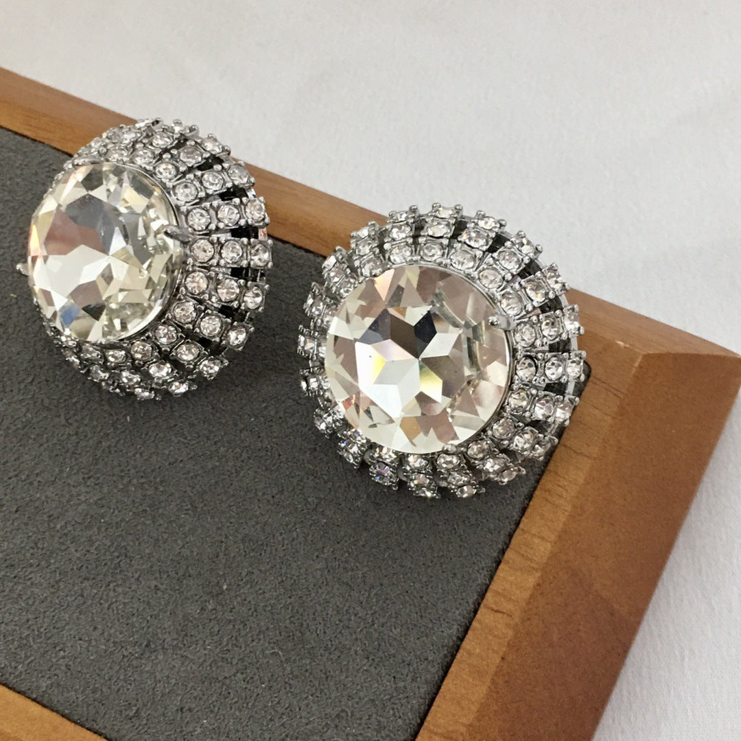 缪家新款满钻圆形耳钉夹女高级感个性气质欧美风K9水钻大耳环