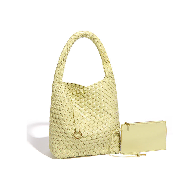 源头工厂定制LOGO贴标单肩腋下包时尚手工编织包大容量子母托特包