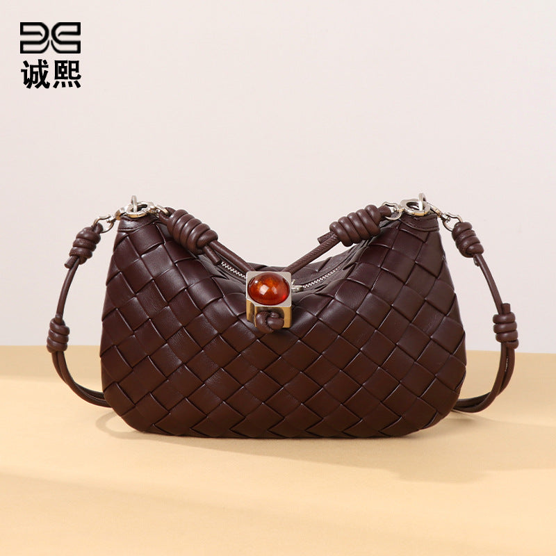 2025夏季新款手提手机包抽绳迷你小包包手工编织包女腋下包饺子包