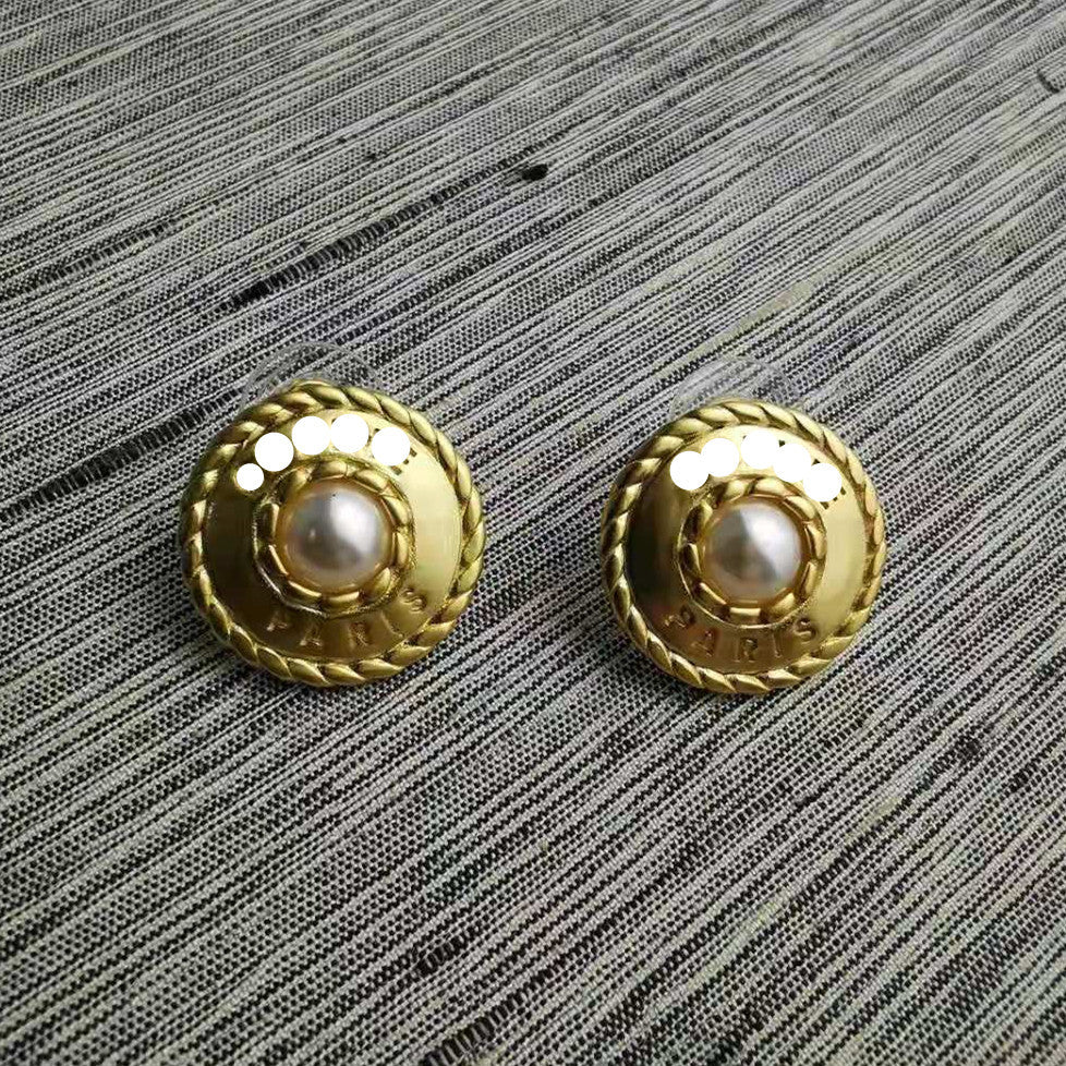 赛家新款麻花圈珍珠字母耳环中古vintage耳钉复古时尚