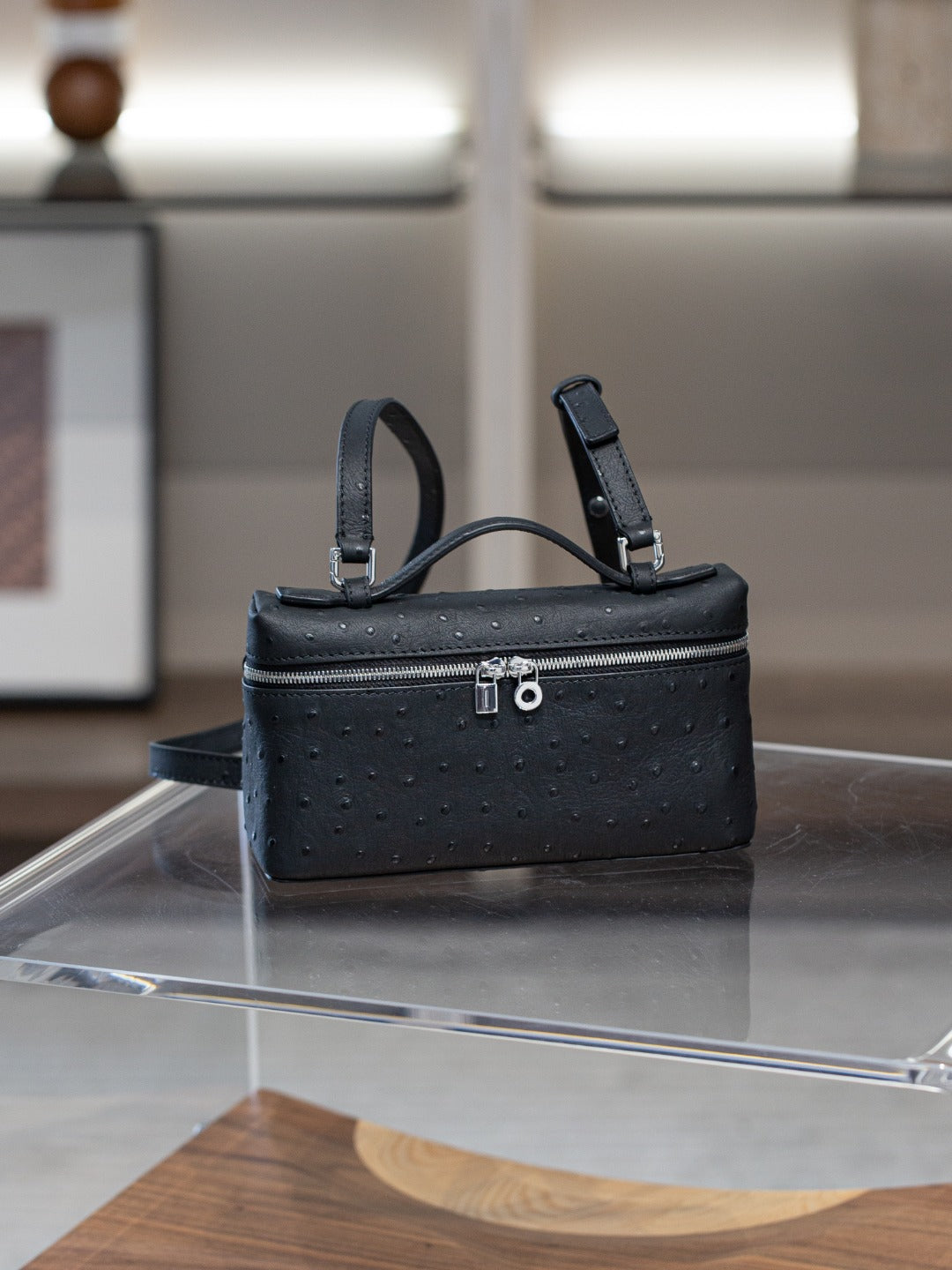 真皮lp包包 19饭盒包高级感鸵鸟纹手提盒子包百搭单肩斜挎小方包