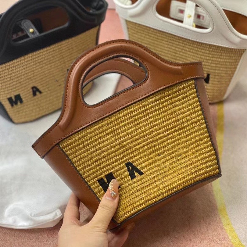 玛尼对版编织包2025春夏草编拼牛皮休闲百搭单肩斜挎迷你菜篮子包