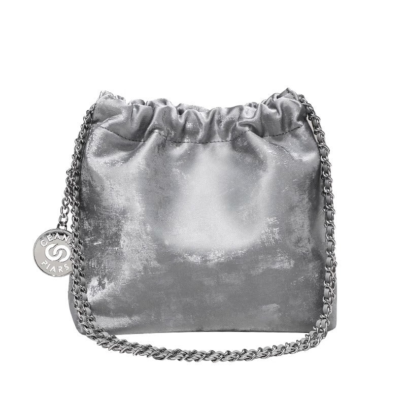 新中式绸牛皮垃圾袋链条包包女包2024新款大容量单肩包斜跨水桶包