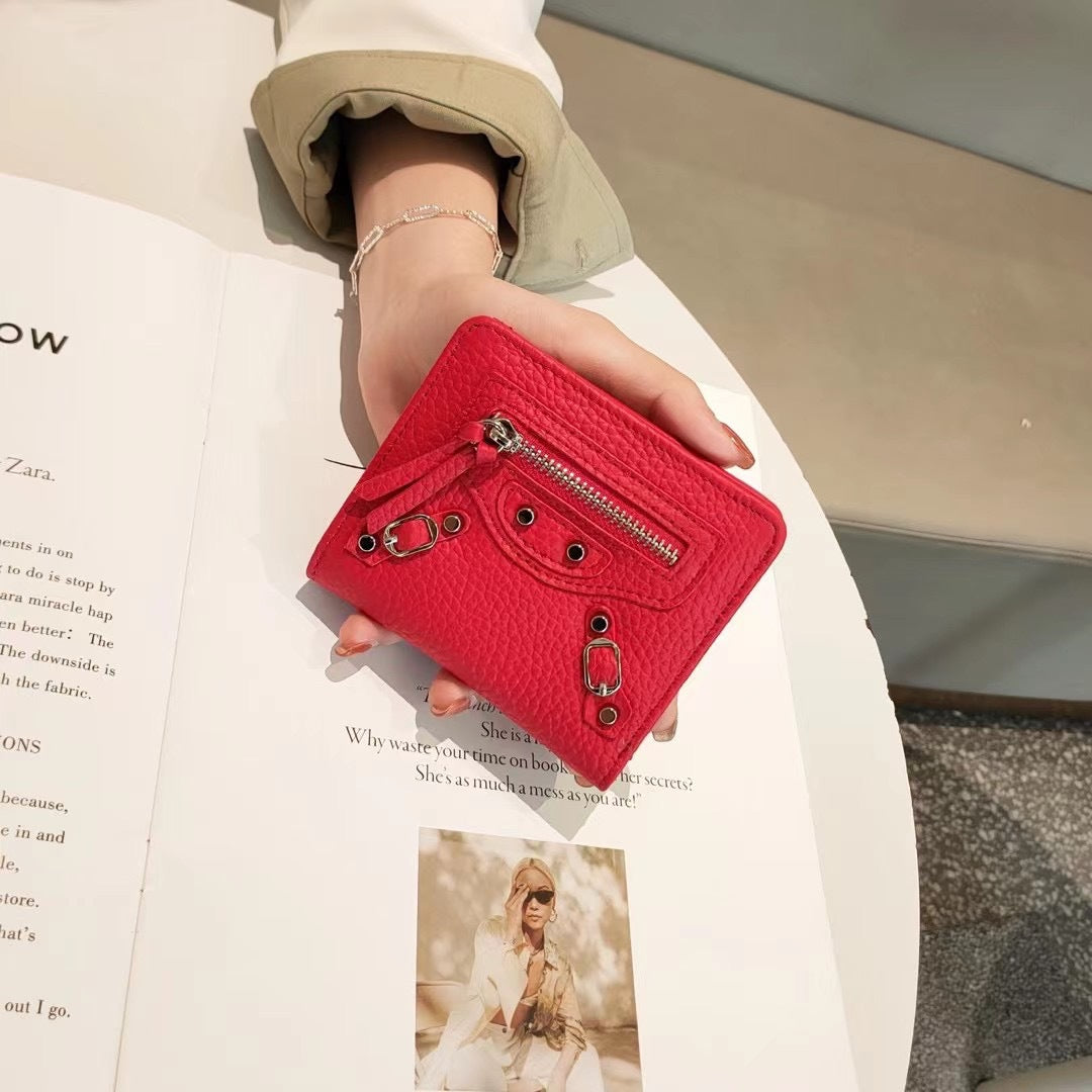 头层牛皮机车三折钱包女士小众风韩版短款钱夹大容量零钱一体卡包