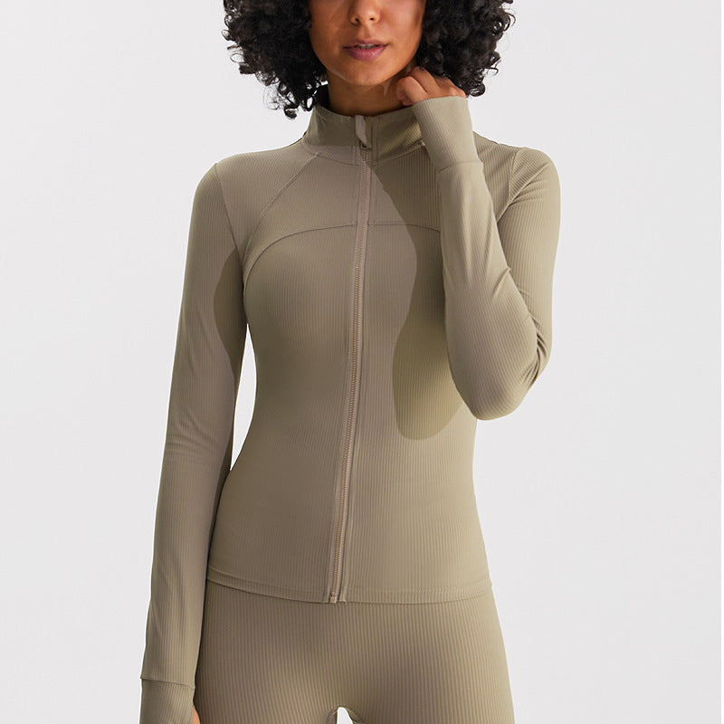 瑜伽外套女吸湿速干跑步健身服训练卫衣高弹裸感罗纹修身运动上衣