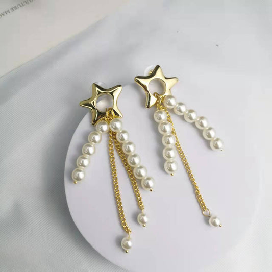CELI21新款法式五角星珍珠流苏耳钉女高级感气质不对称耳环