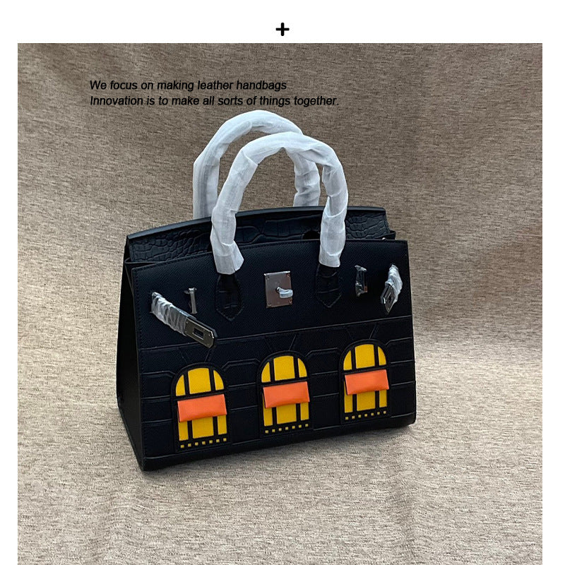 2024真皮手掌纹拼鳄鱼纹牛皮小房子包铂金包时尚拼色手提斜跨女包