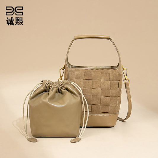 复古小众手工编织包磨砂麂皮绒手拎水桶包拼色子母包单肩斜挎女包