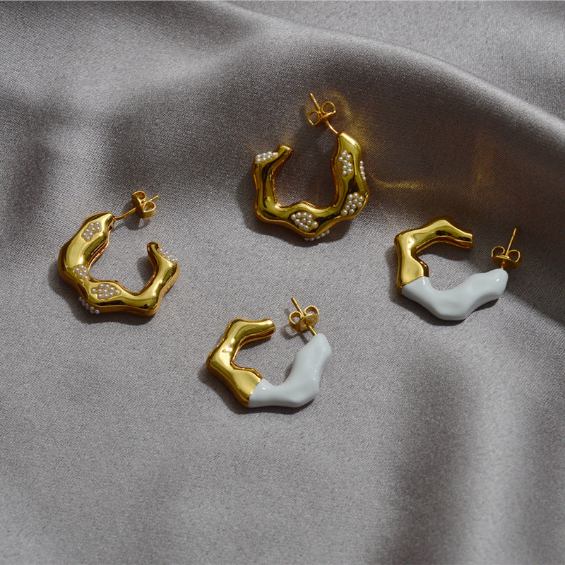 CELI赛家不规则波浪形耳环微镶珍珠粒耳坠耳钉女撞色耳饰镀真金