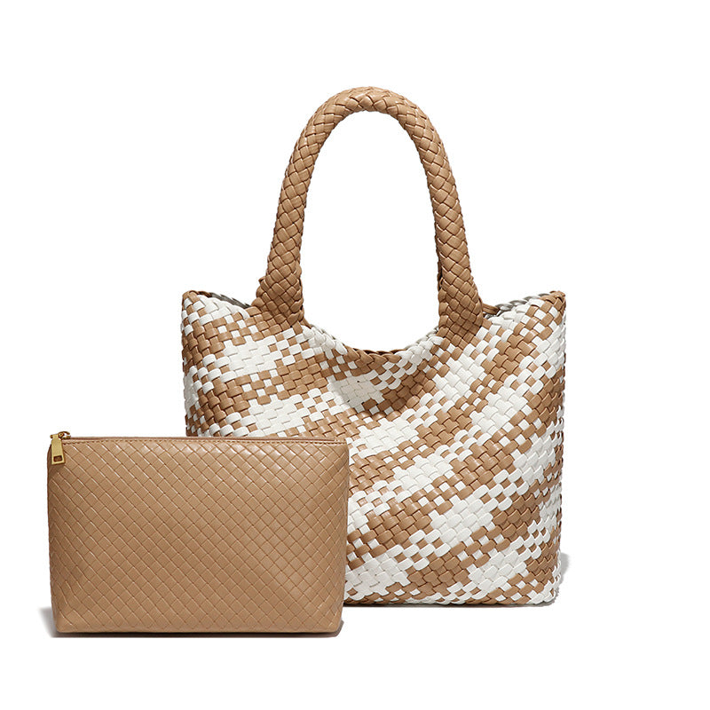 欧美复古大容量通勤手提包时尚简约手工编织包软皮百搭单肩子母包