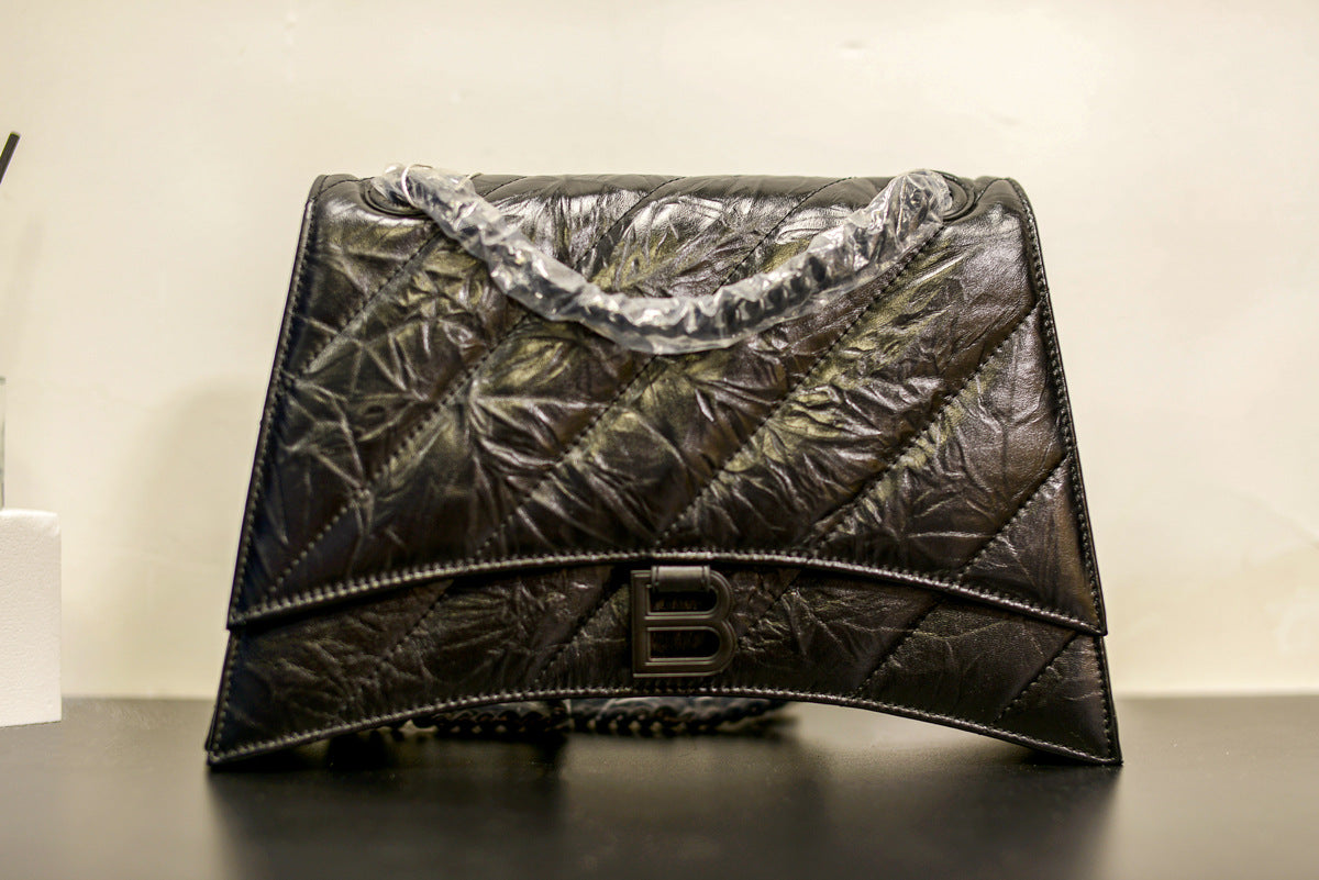 头层牛皮沙漏包2022秋冬新款褶皱菱格链条包b家单肩斜挎女通勤