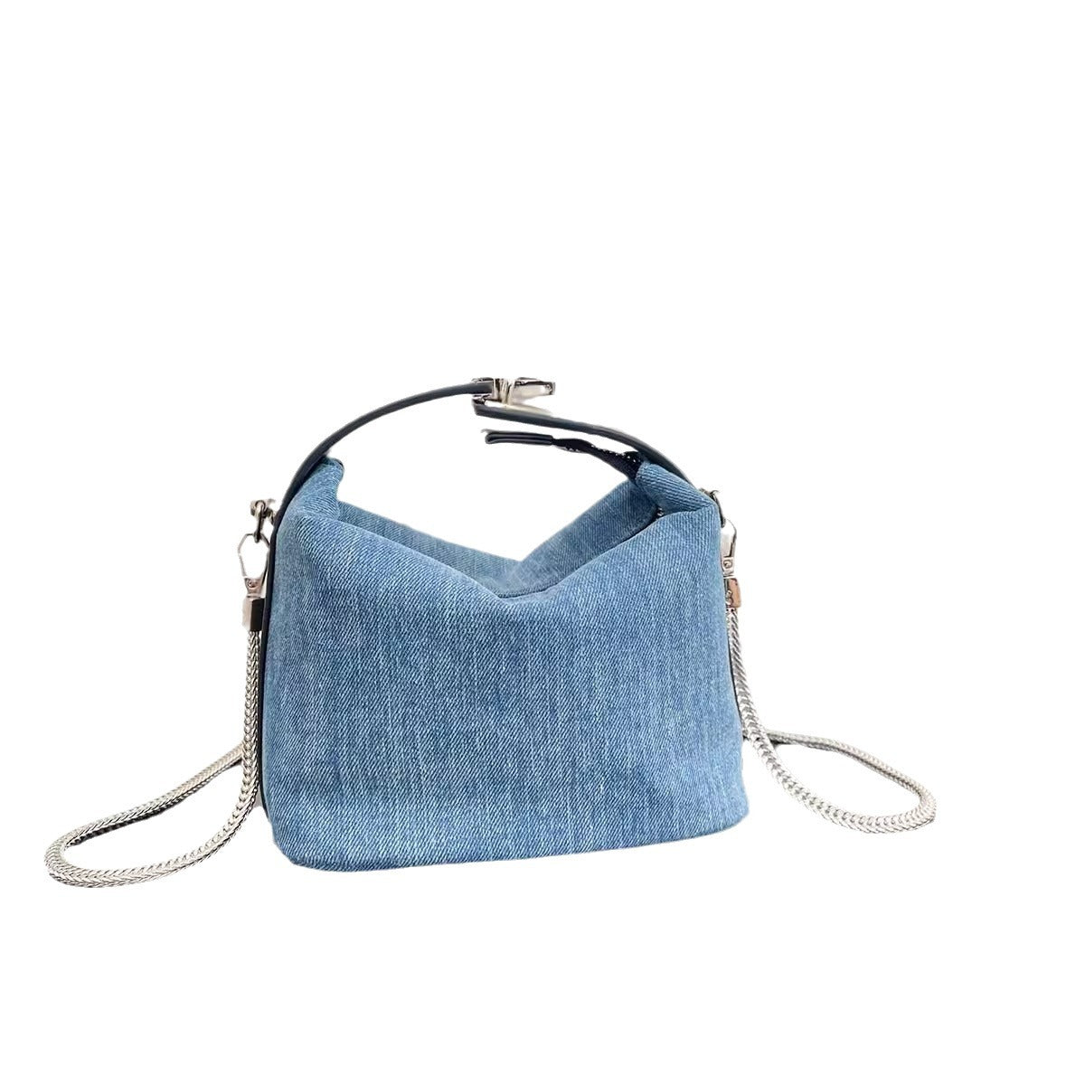 牛皮拼接牛仔布帆布手提饭盒包链条饺子包时尚百搭单肩斜挎小包女