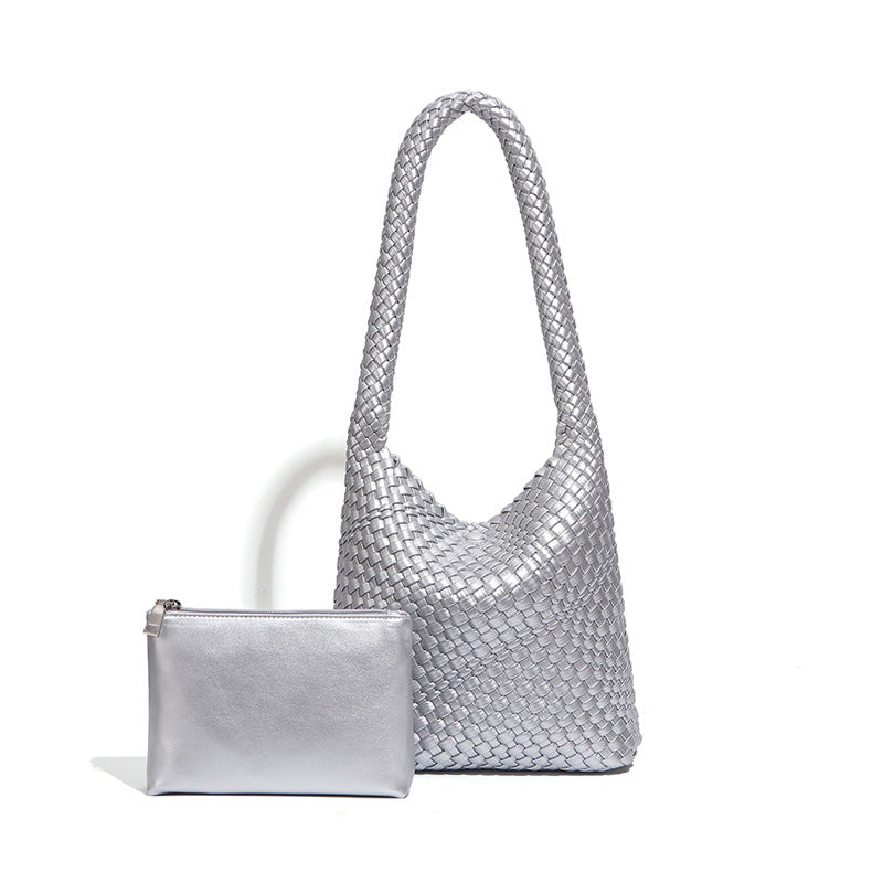 欧美风潮流单肩托特包时尚简约手工编织包包软皮大容量子母腋下包