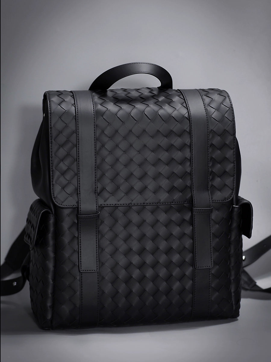 X&BV真皮双肩包男编织休闲时尚背包牛皮大容量新款男士书包电脑包