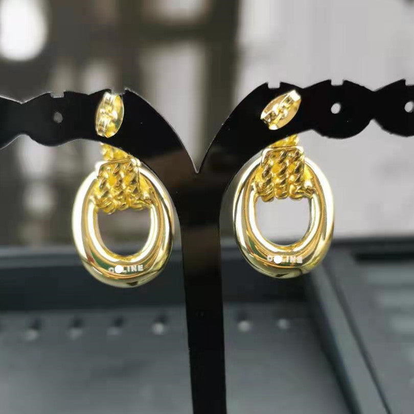 赛家新款耳环马蹄扣中古高级感半圆形椭圆金属耳圈链条编织耳钉