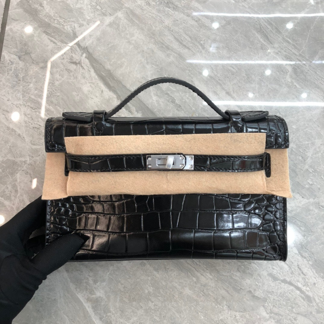 2024新款真皮女包鳄鱼纹牛皮凯莉手拿包晚宴包时尚单肩斜跨包