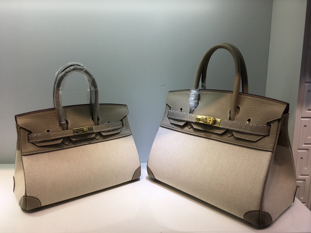 包包女2024新款潮手提包韩版时尚斜跨包女士牛皮配帆布铂金包包