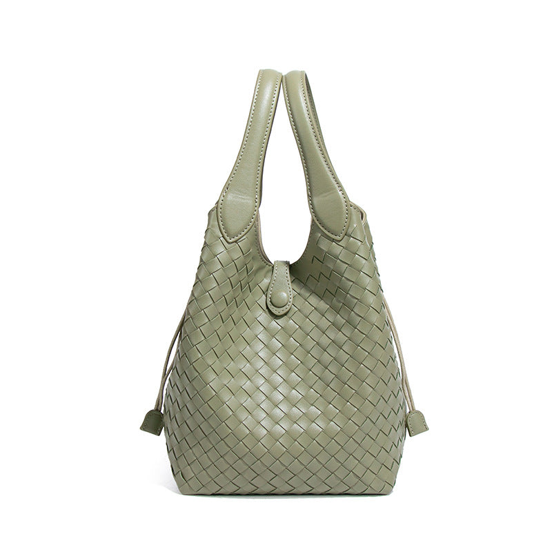 韩版纯色百搭菜篮子手提水桶包质感手工编织女包大容量单肩斜跨包