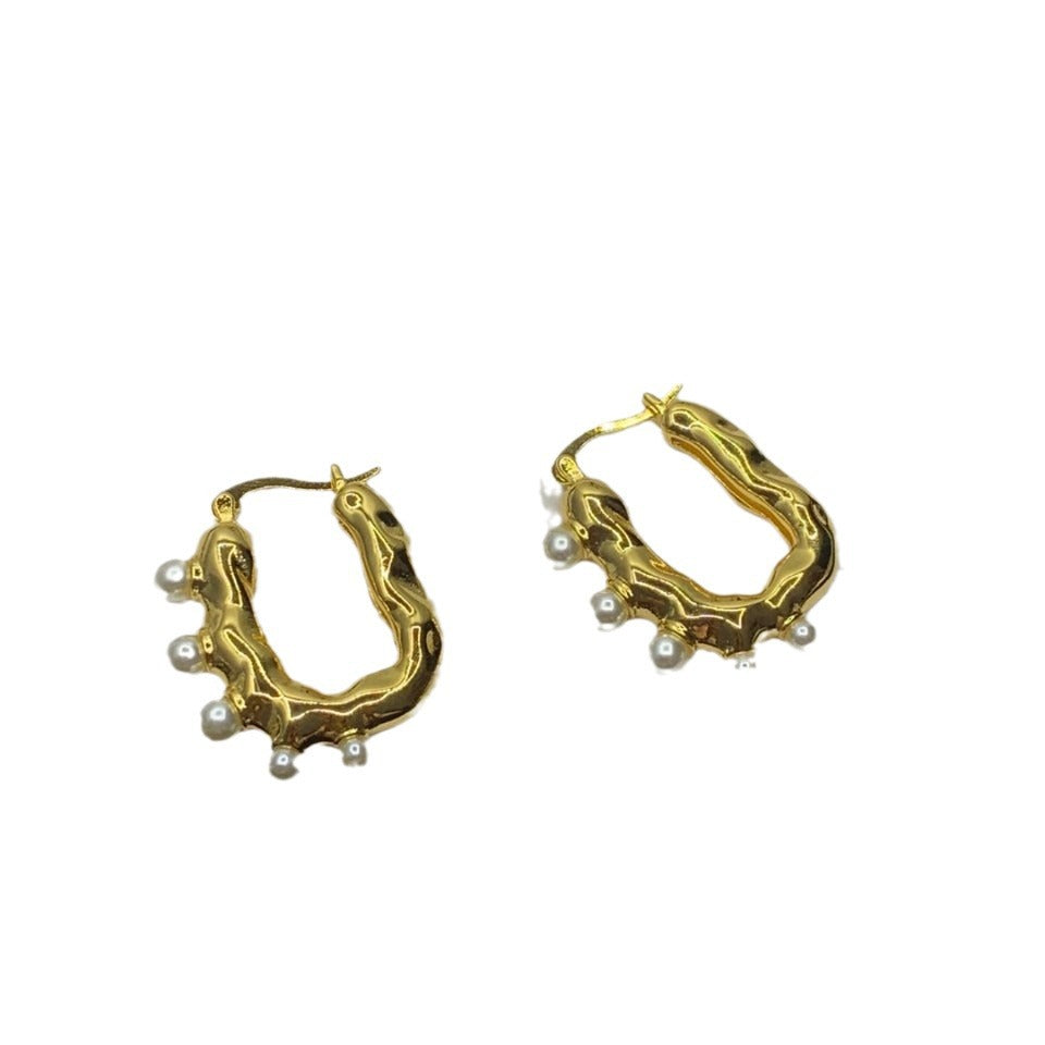 赛林22新款几何形U珍珠耳环女高级感气质港风CEL不规则镀金耳扣