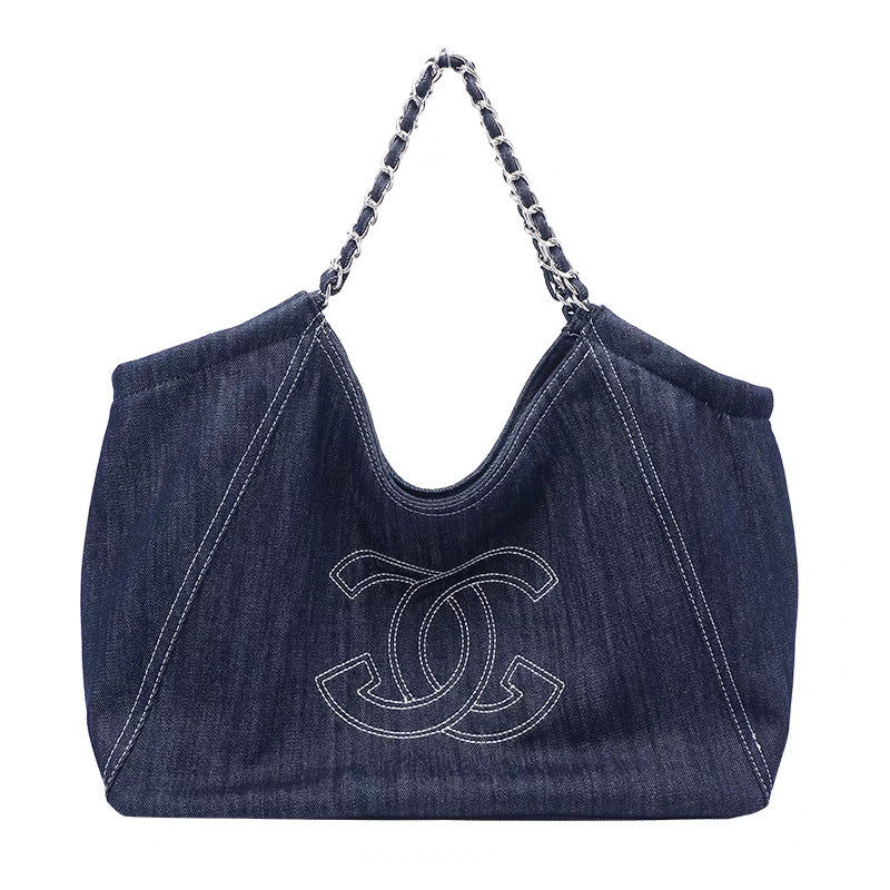 小香风牛仔布单肩包帆布大包包Vintage中古腋下包大容量托特包女