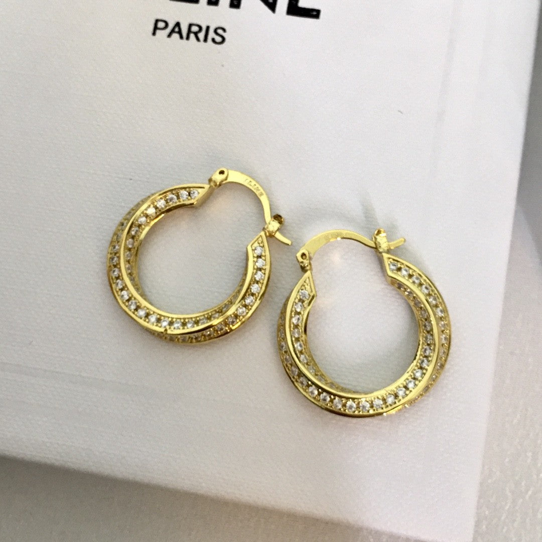 赛家2021新款耳环CEL满钻扭扭曲女欧美法式水晶耳钉镶钻圆圈耳圈