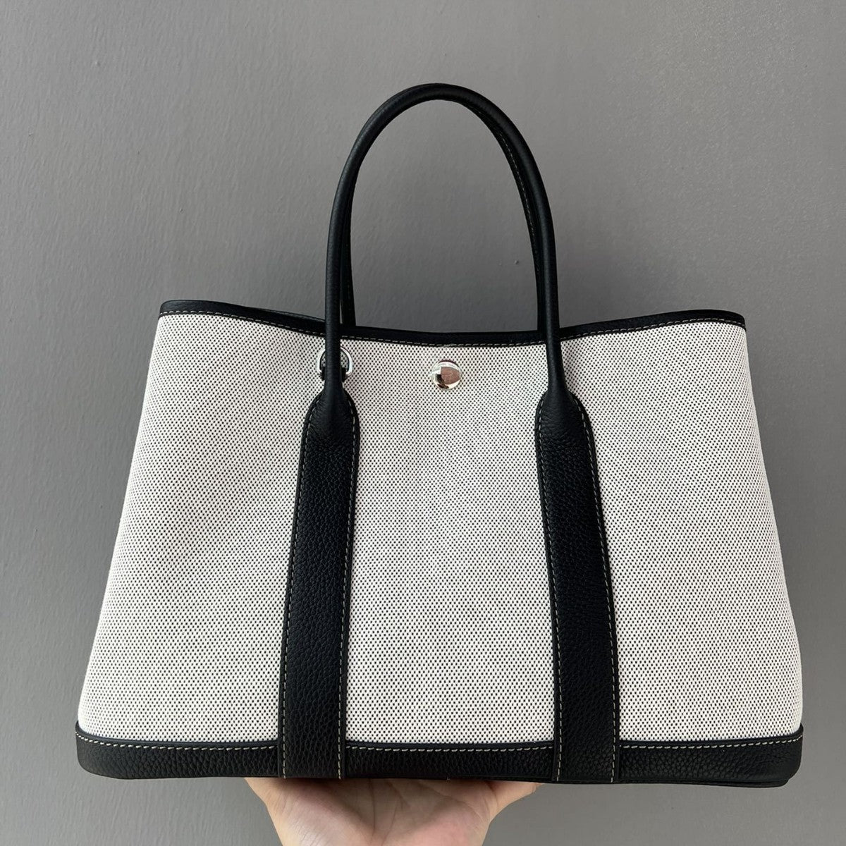 2025帆布女新款手提包时尚休闲通勤大容量头层牛皮撞色花园托特包