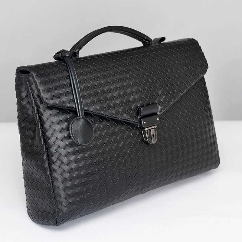 x&bv公文包男真皮商务手提包翻盖横款手拎包休闲编织男包电脑包大