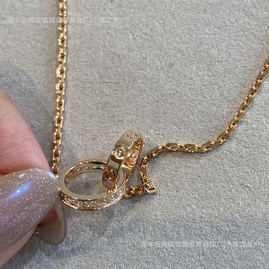 卡家高版本双环带钻项链S925银镀18K玫瑰金项链CNC精工厂家直销