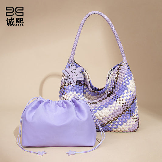 跨境新款拼色子母单肩托特女包大容量百搭腋下包全手工编织手提包
