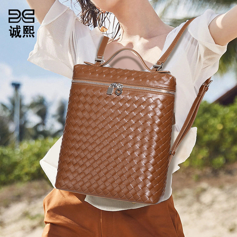 工厂定制时尚手工编织包潮流大容量通勤百搭双肩包旅行男女士背包