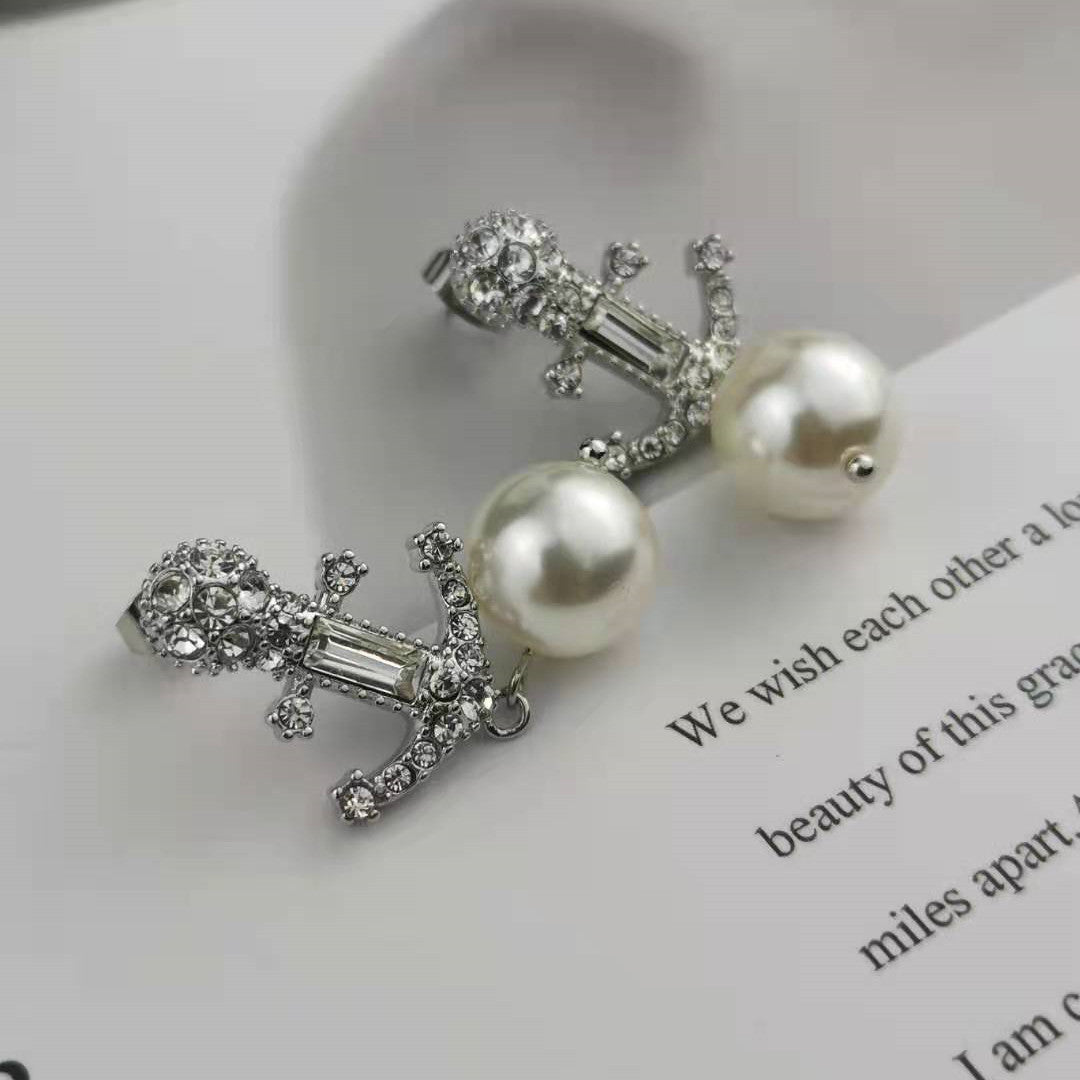 缪家新款设计感微镶珍珠锆石船锚精致耳环耳钉高级感个性气质耳环