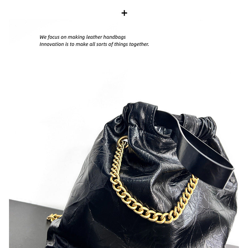 网红同款质感牛皮爆裂纹垃圾袋链条包暗黑潮酷百搭单肩斜挎包