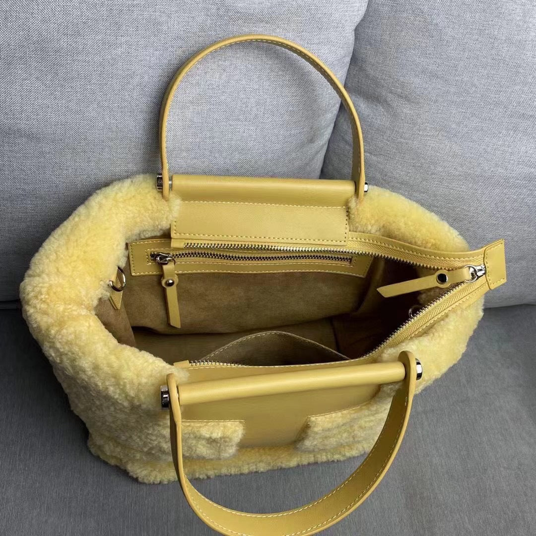 包包女2023秋冬新品网红撞色复古牛皮羊毛大容量托特包单肩斜挎包