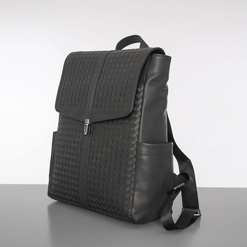 X&BV男士双肩包真皮大容量商务休闲电脑编织背包时尚潮流翻盖书包
