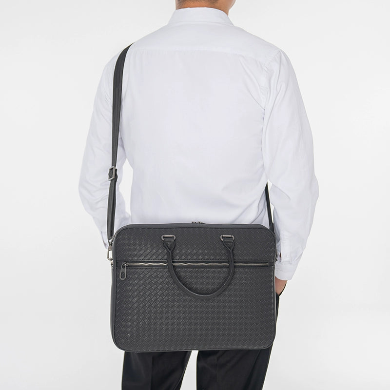 X&BV公文包男商务简约真皮手提包横款编织男士单肩斜挎包大容量潮