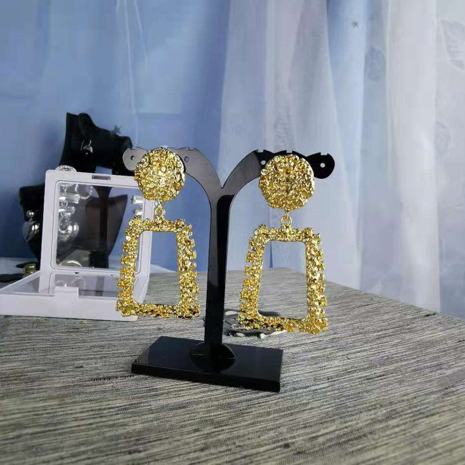 赛家新款耳环女大方框欧美时髦夸张高级磨砂耳坠气质复古大脸耳钉