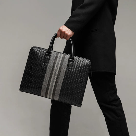 X&BV手提包男真皮商务休闲牛皮编织公文包男士包包单肩斜挎电脑包