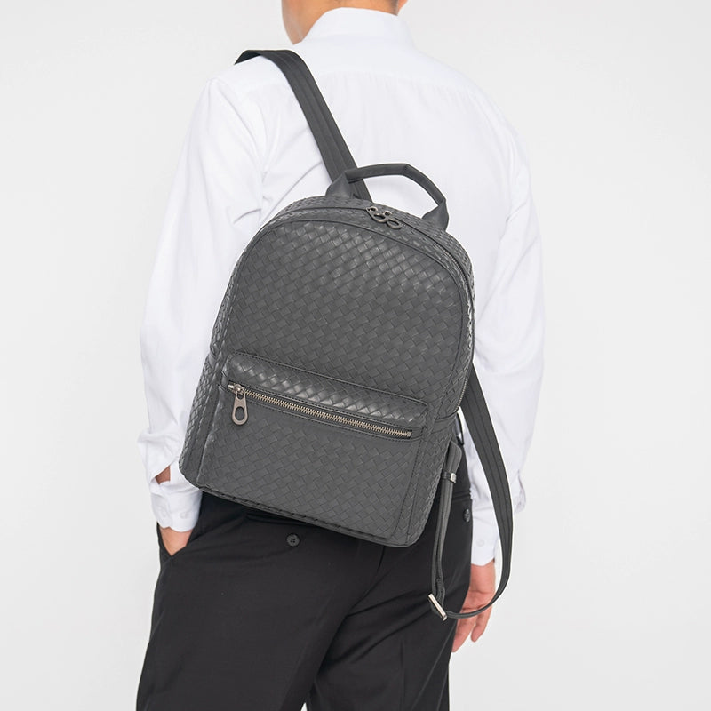 X&BV背包男双肩包真皮大容量休闲商务编织青年电脑包潮流旅行书包