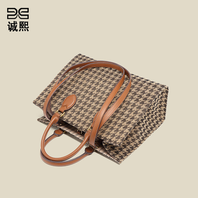 千鸟格手提包商务包女通勤欧美复古大容量托特包2025潮秋冬购物包