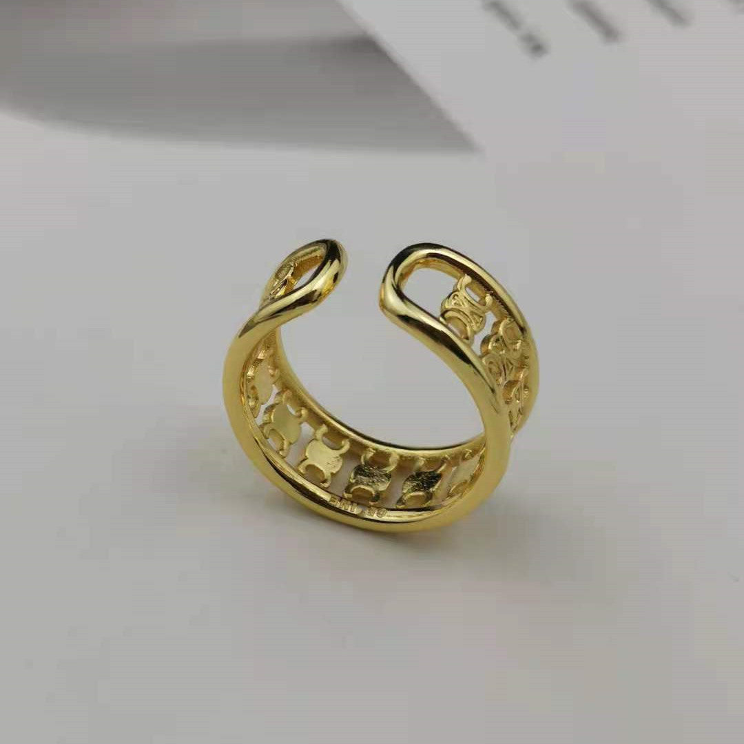 赛家新款凯旋门戒指高级感气质金色光面甜酷风几何形徽章开口指环