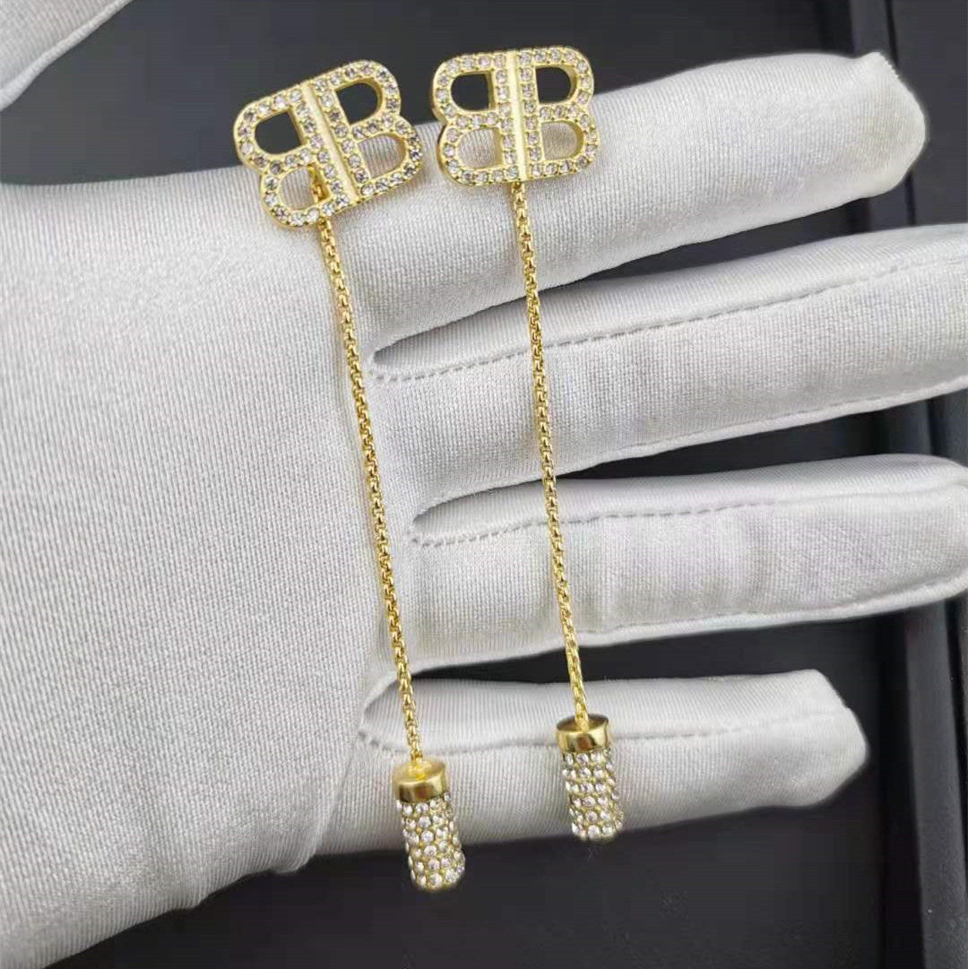 巴家新款闪钻BB字母耳环流苏长款耳坠气质耳钉耳饰女一款二戴耳线